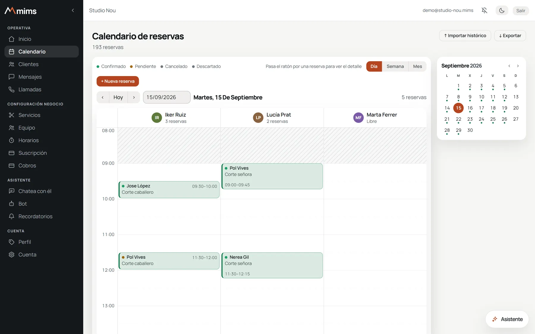 Panel de mims · Agenda: La agenda del día por profesional. Creas, mueves o cancelas citas.