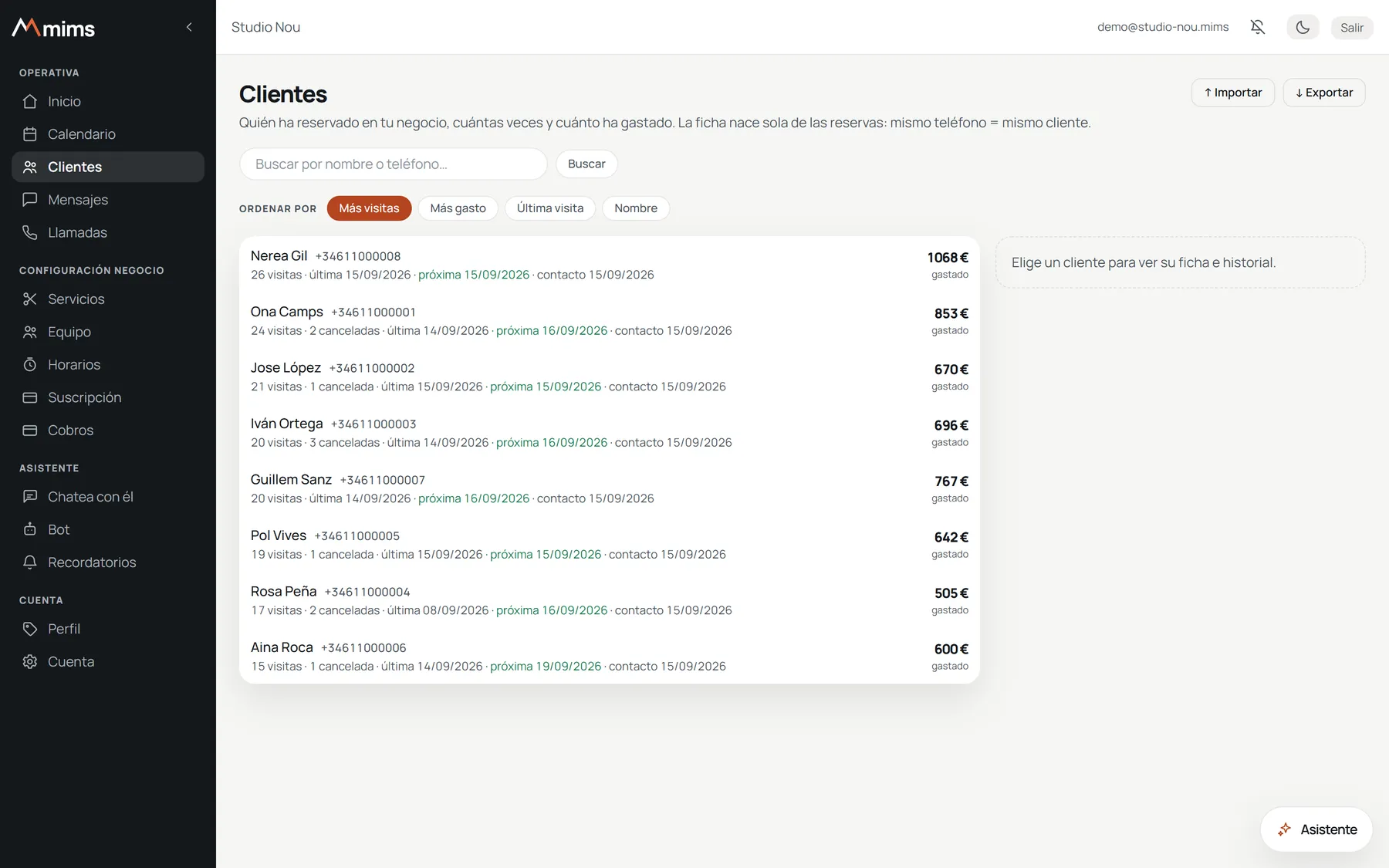 Panel de mims · Clientes: Cada cliente con sus visitas, lo que ha gastado y su próxima cita.