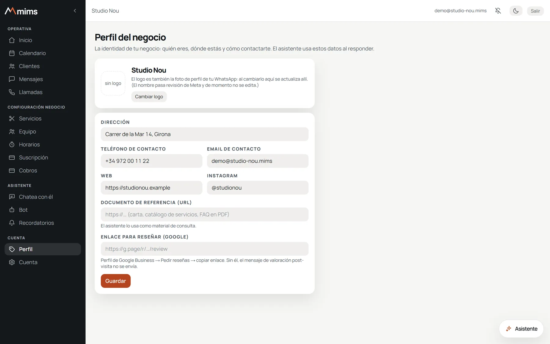 Panel de mims · Perfil: Dirección, contacto, tu carta o catálogo en PDF y el enlace para pedir reseñas en Google.