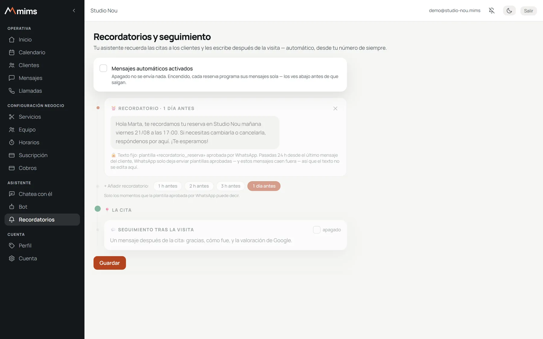 Panel de mims · Recordatorios: Recordatorio antes de la cita y mensaje de seguimiento después.